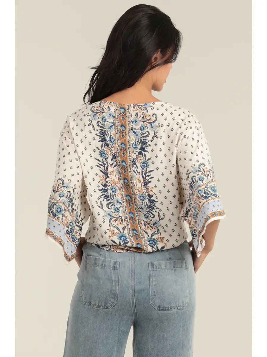 Nostalgia V Neck Tie Waist Kimono Sleeve Top