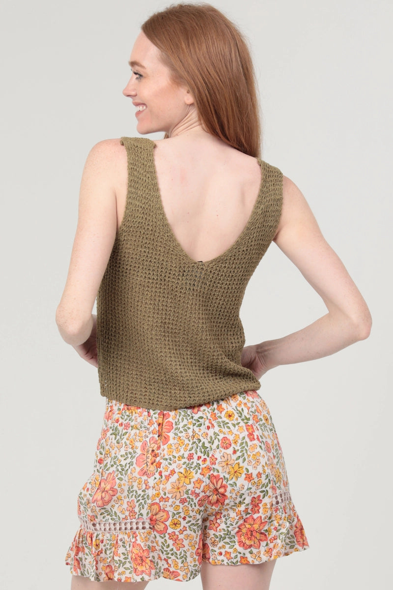 Lace Inserts Floral Print Shorts Smocked Waist
