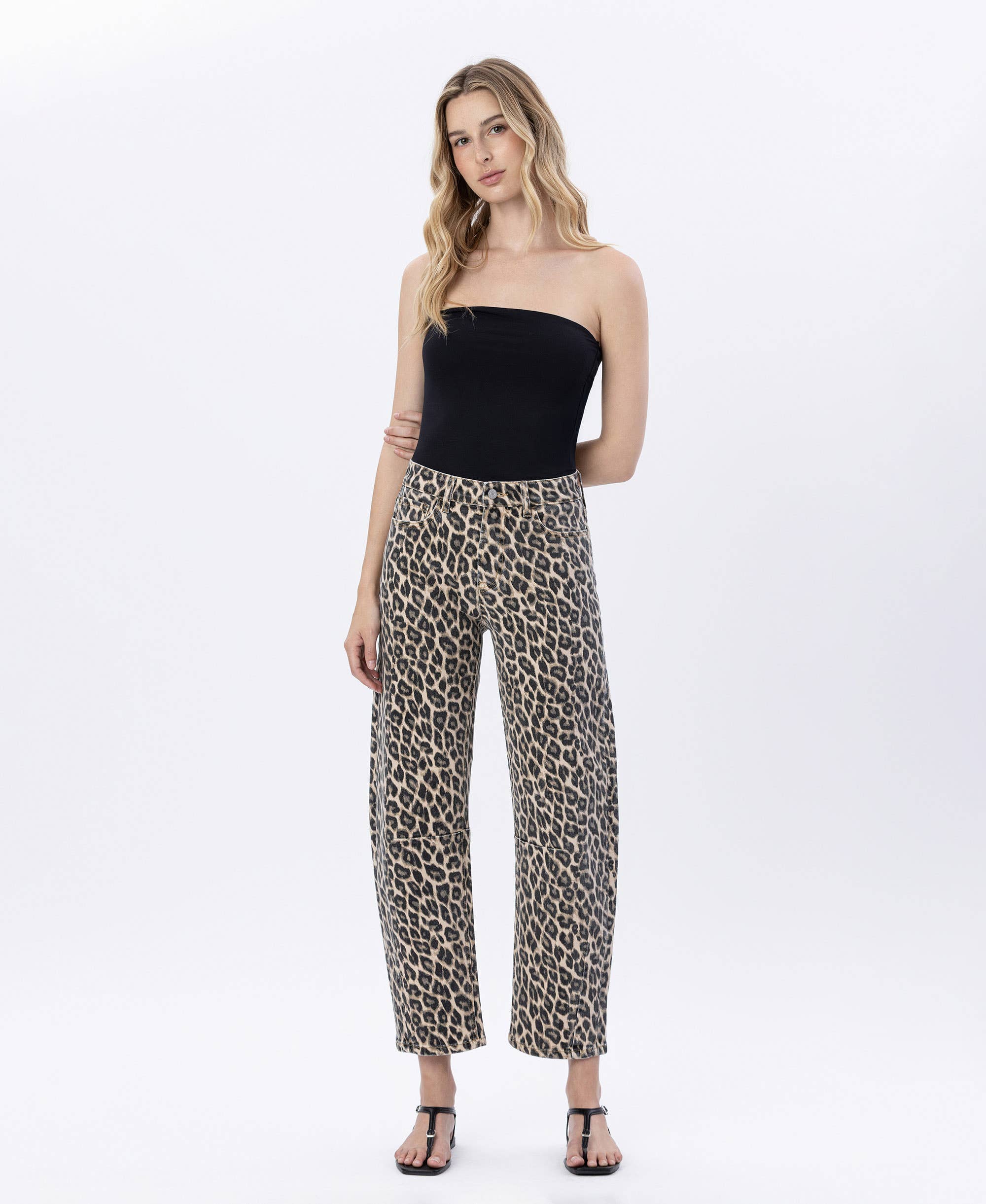 High Rise Barrel Leopard Print Denim
