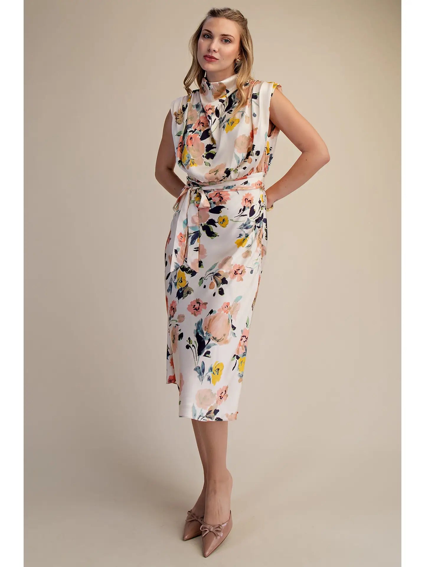Glam Cowl Neck Waist Tie Midi Dress