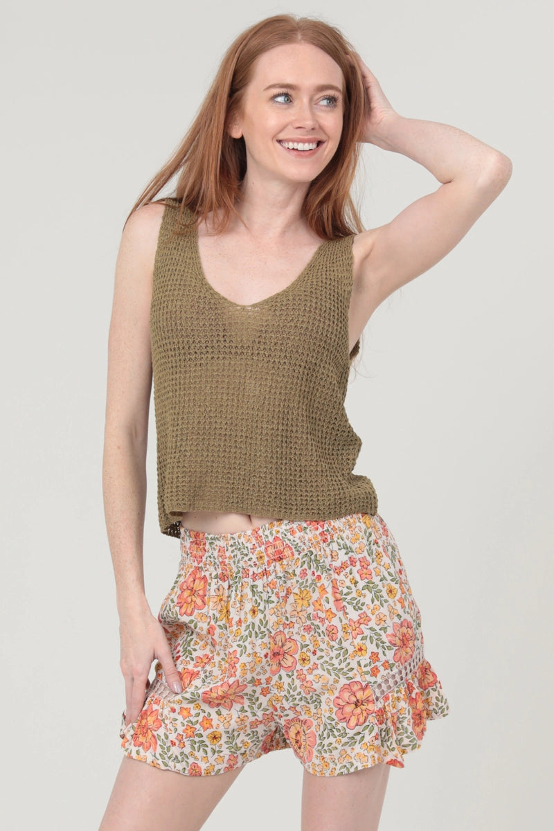 Lace Inserts Floral Print Shorts Smocked Waist