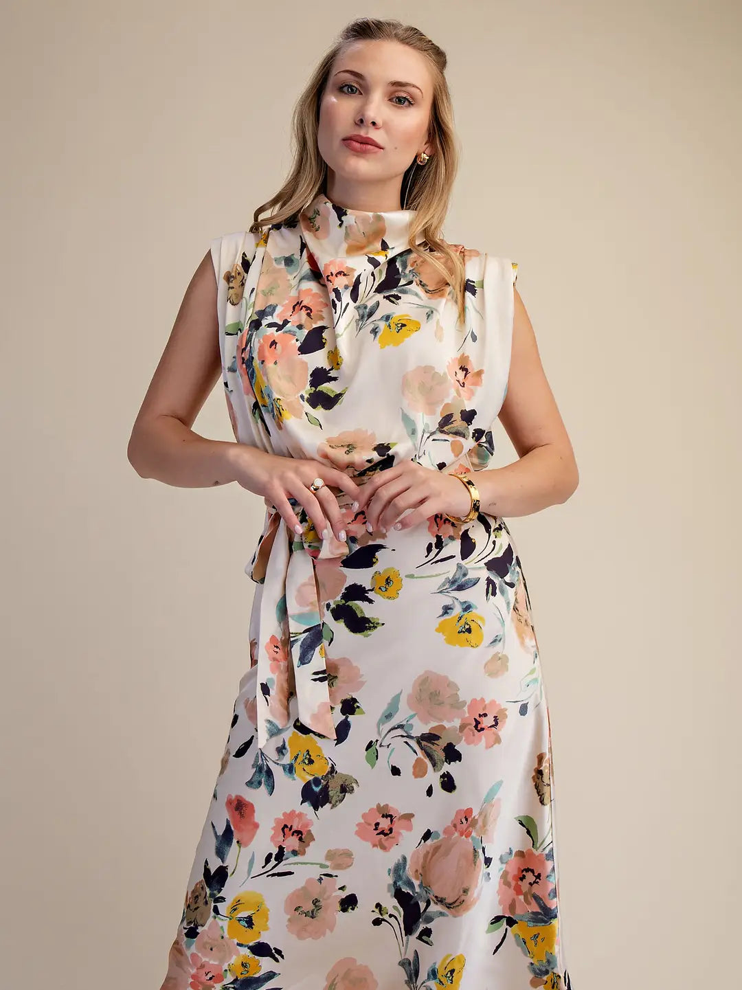 Glam Cowl Neck Waist Tie Midi Dress