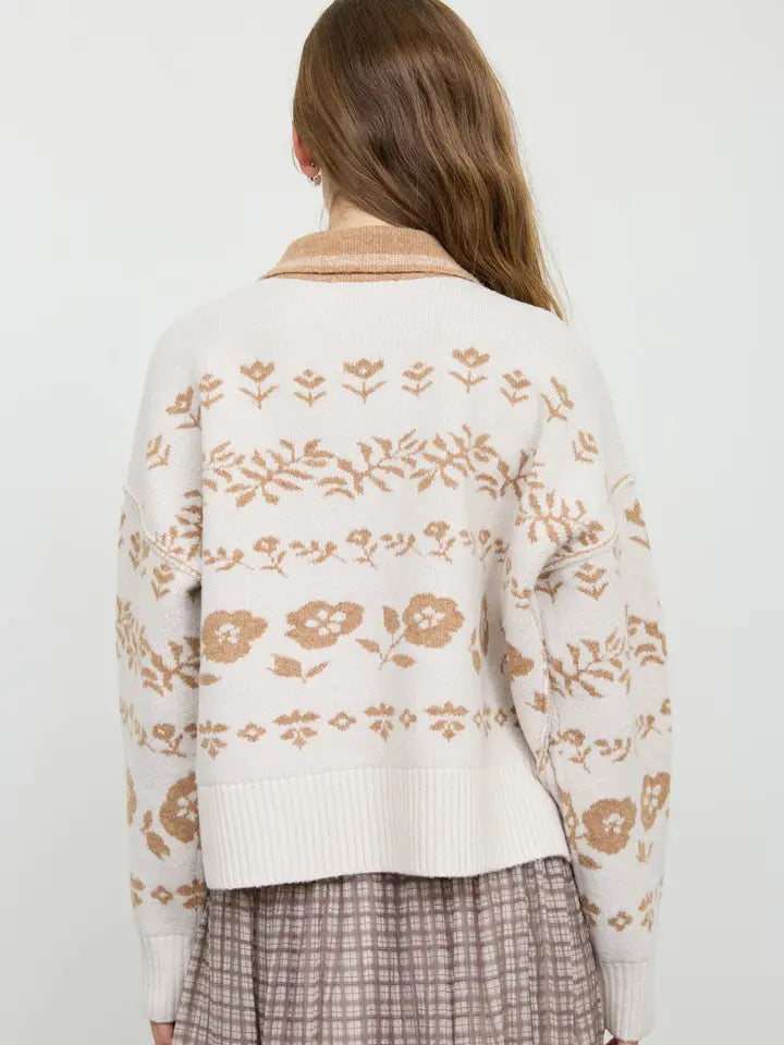 Floral Print Contrast Collar Sweater Cardigan