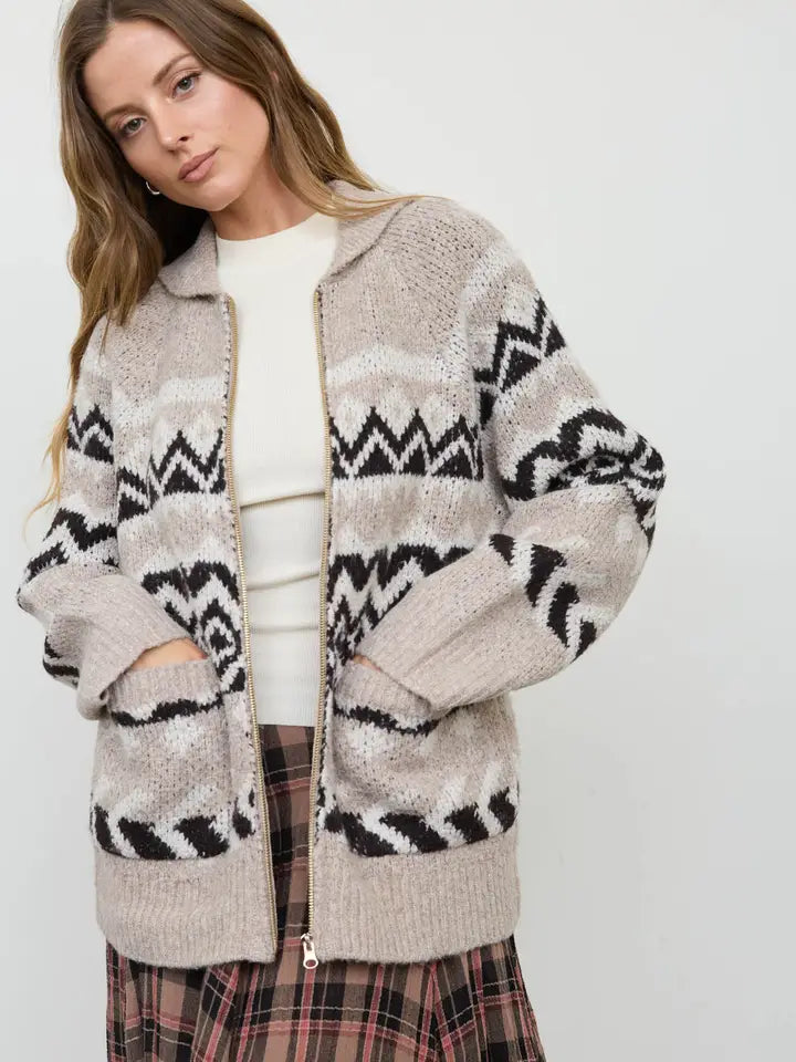 Geometric Fair Isle Zip Up Cardugan Sweater