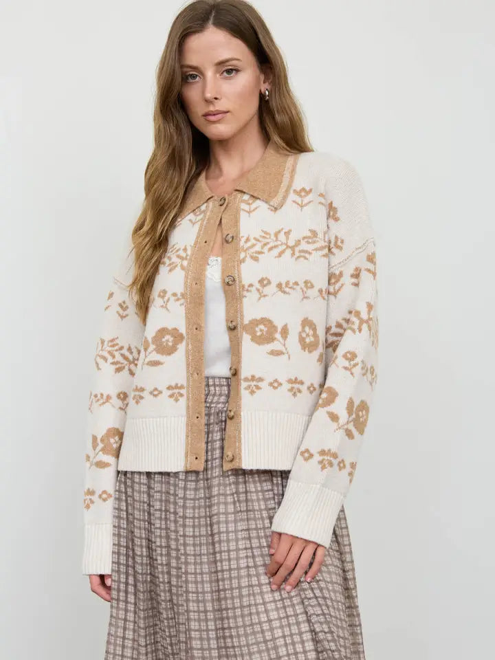 Floral Print Contrast Collar Sweater Cardigan