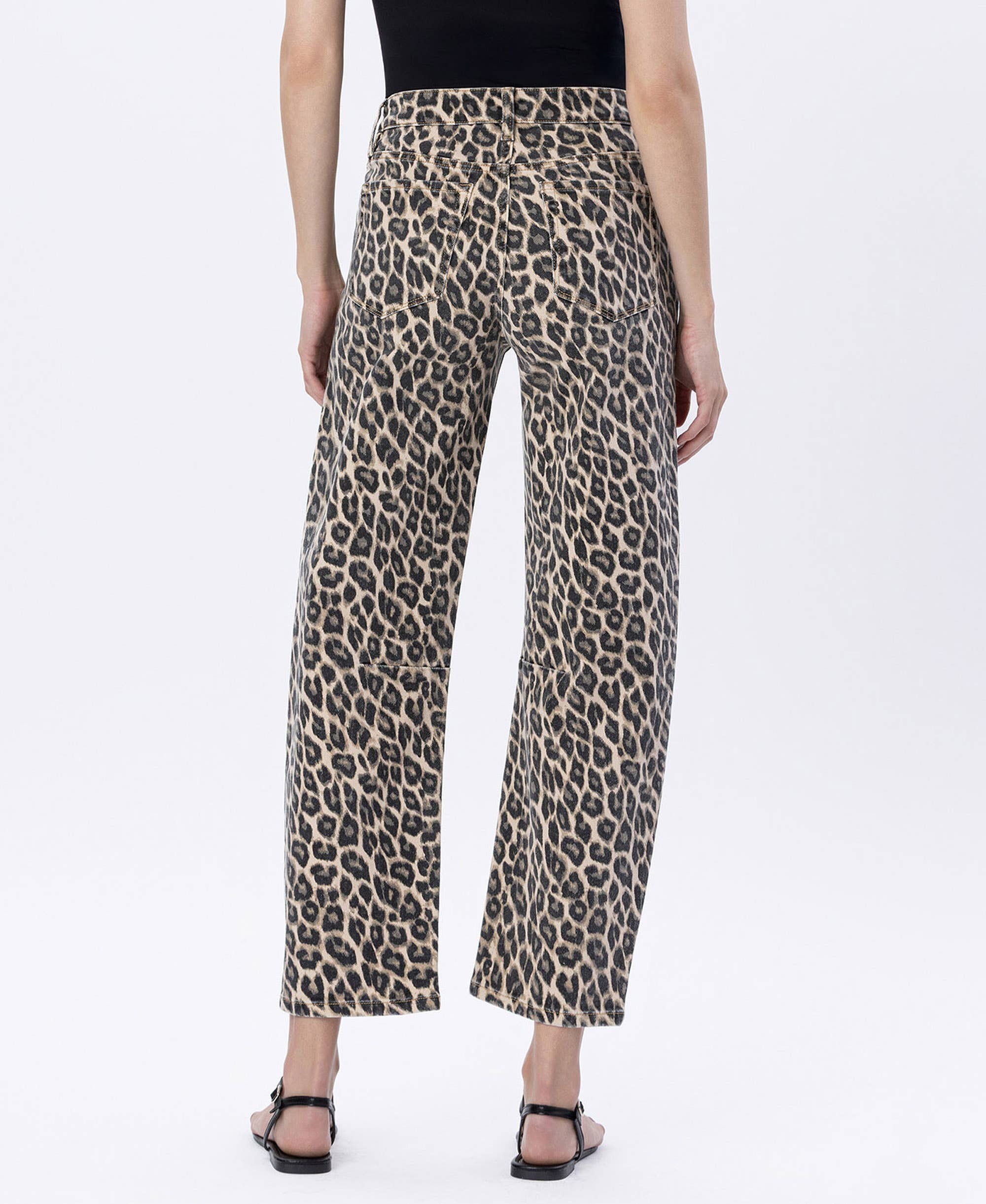 High Rise Barrel Leopard Print Denim