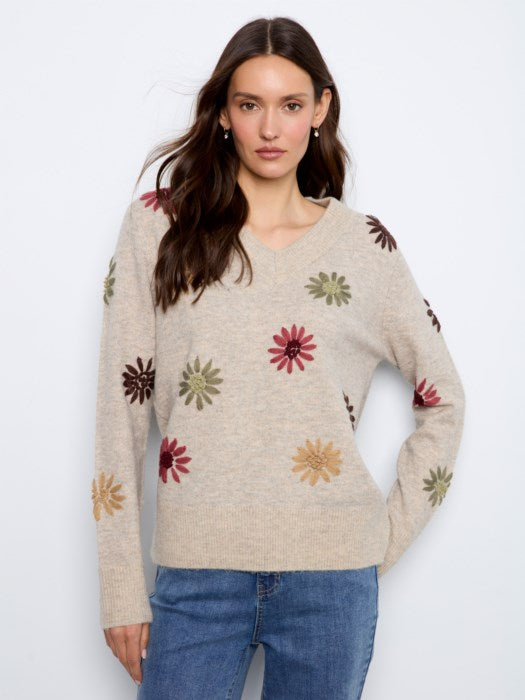 Embroidered V-Neck Pullover Sweater