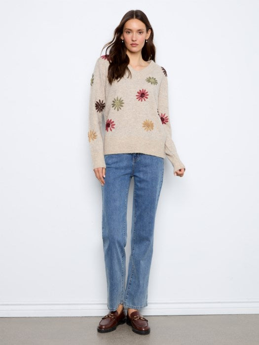 Embroidered V-Neck Pullover Sweater