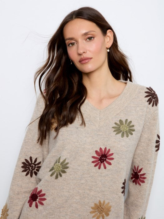 Embroidered V-Neck Pullover Sweater