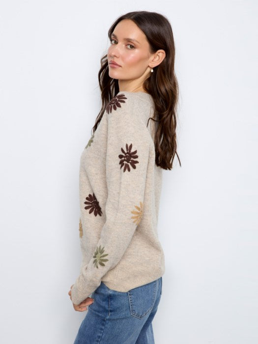 Embroidered V-Neck Pullover Sweater