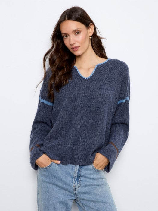 Notch Neck Embroidered Sweater