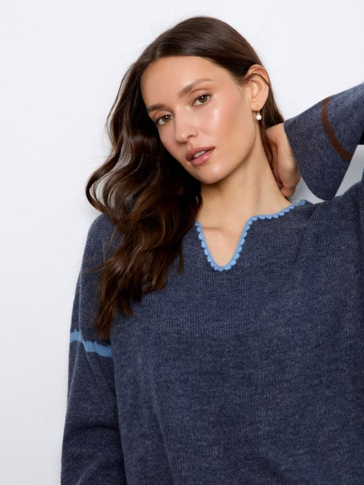 Notch Neck Embroidered Sweater