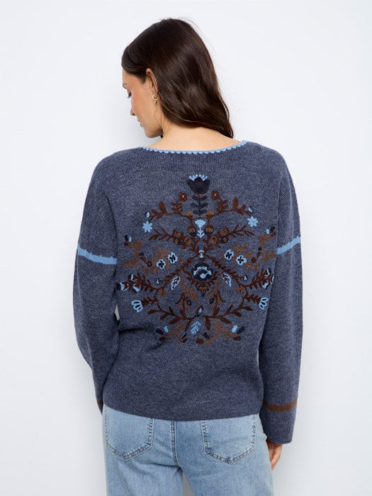 Notch Neck Embroidered Sweater