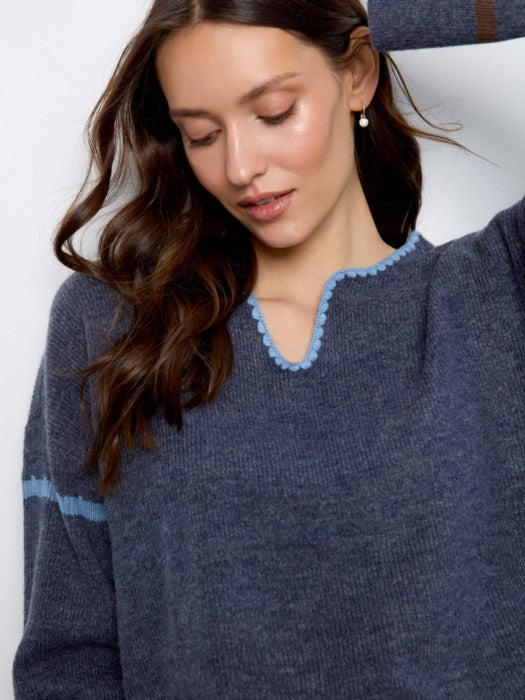 Notch Neck Embroidered Sweater