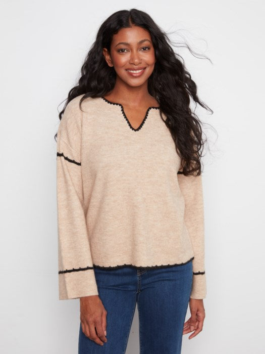 Embroidered Notch Neck Sweater