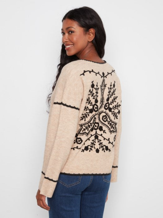 Embroidered Notch Neck Sweater