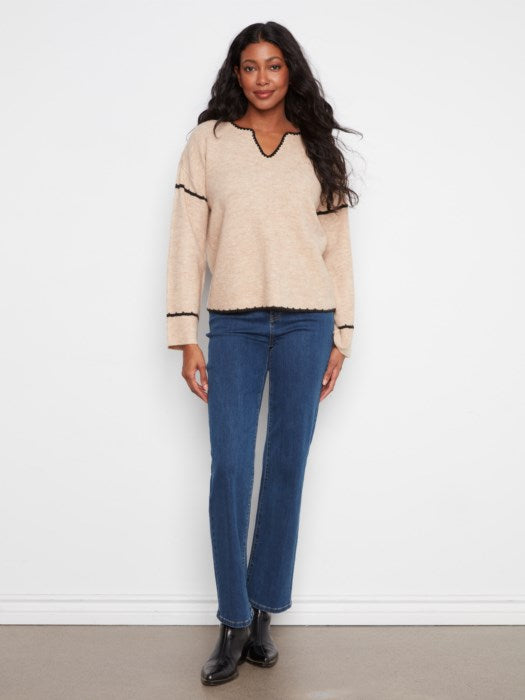 Embroidered Notch Neck Sweater