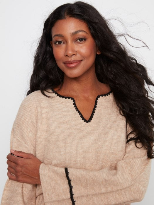 Embroidered Notch Neck Sweater