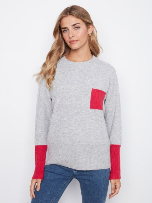 Drop Shoulder Contrast Sweater w/ Pocket