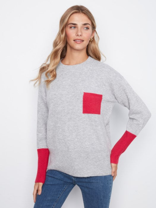 Drop Shoulder Contrast Sweater w/ Pocket
