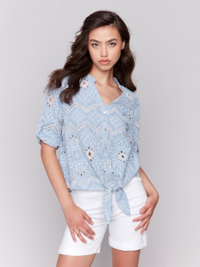 Charlie B Eyelet Embroidered Knot Top