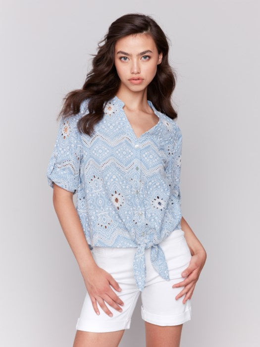 Charlie B Eyelet Embroidered Knot Top