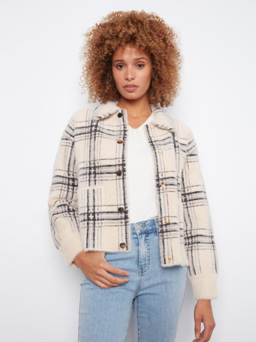 Eyelash Yarn Plaid Snap Front Jacket