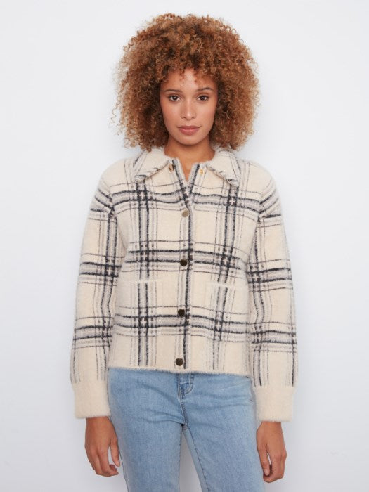 Eyelash Yarn Plaid Snap Front Jacket