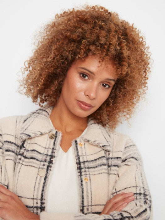 Eyelash Yarn Plaid Snap Front Jacket
