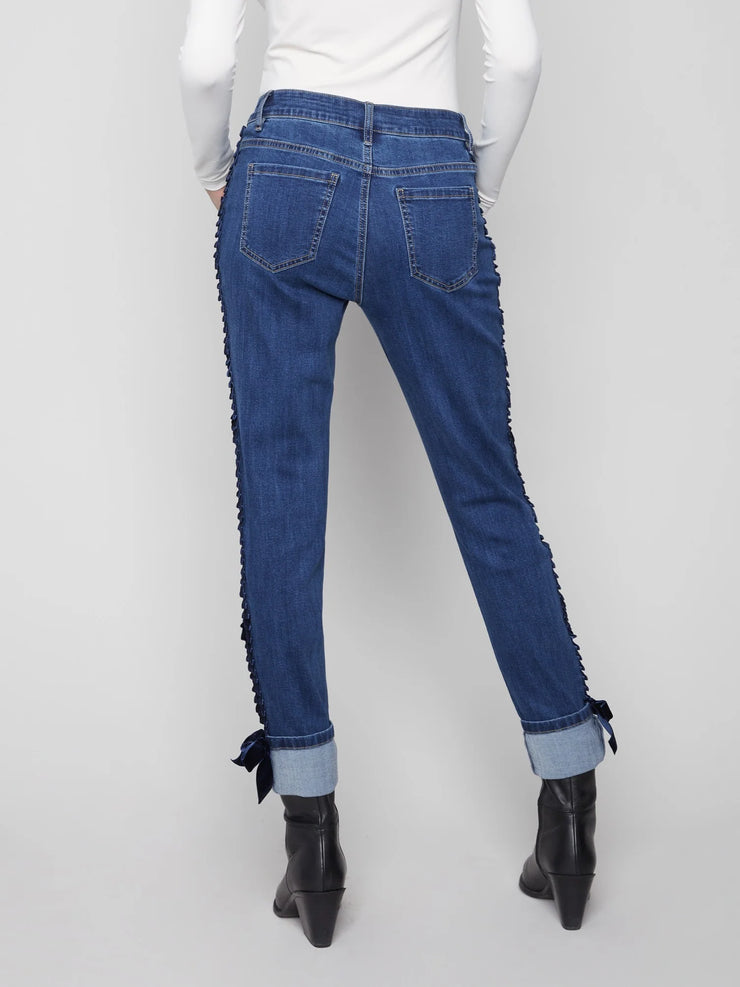 Indigo Velvet Bow Trim Slim Leg Jean