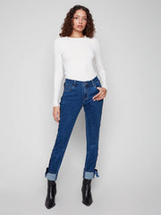 Indigo Velvet Bow Trim Slim Leg Jean