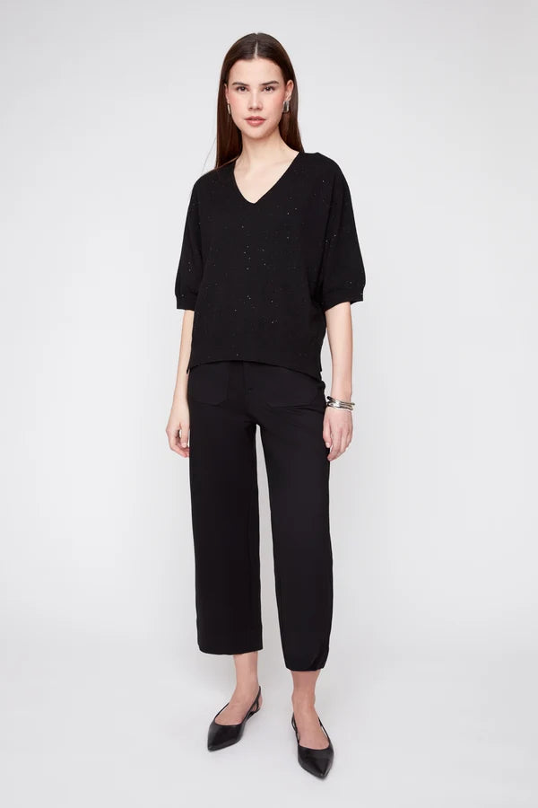 Sparkle Detail V-Neck Puff Sleeve Knit Sweater