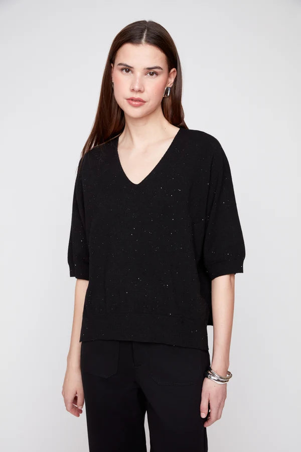 Sparkle Detail V-Neck Puff Sleeve Knit Sweater