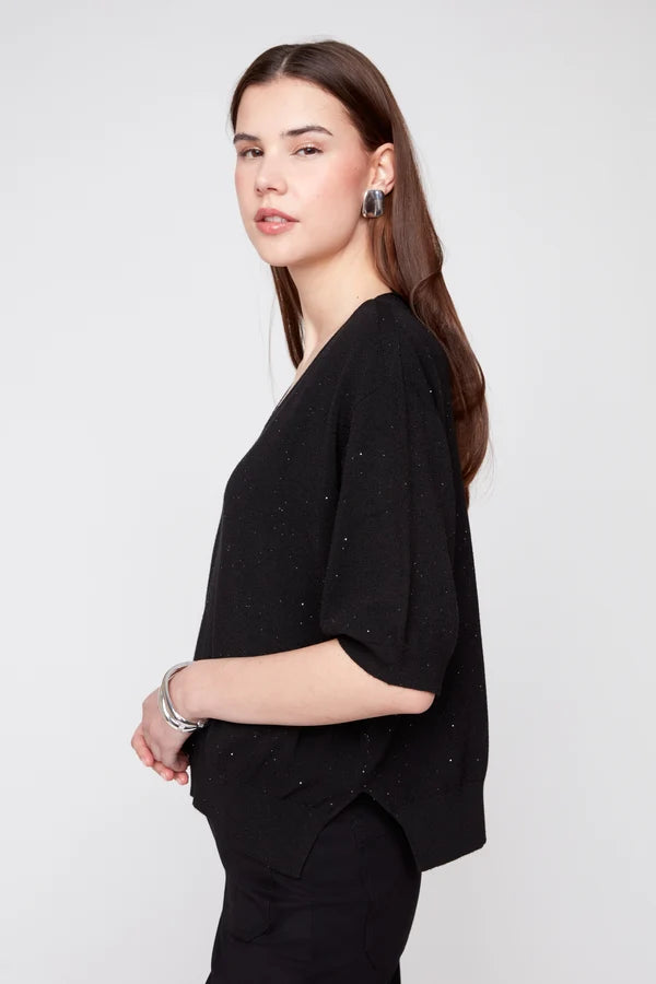 Sparkle Detail V-Neck Puff Sleeve Knit Sweater