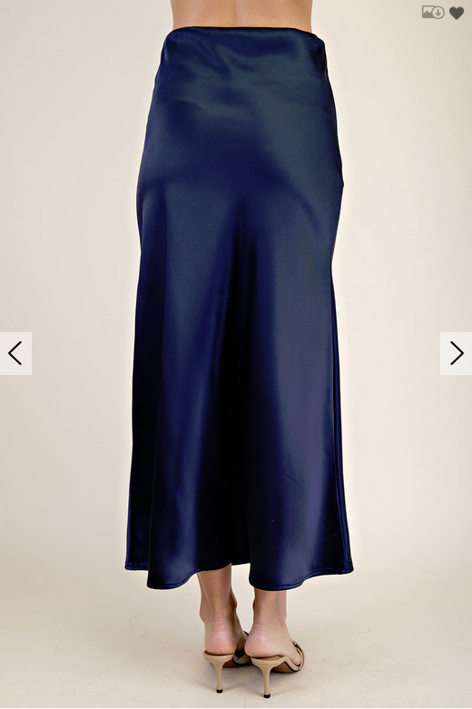 Glam NAVY SATIN MIDI SKIRT