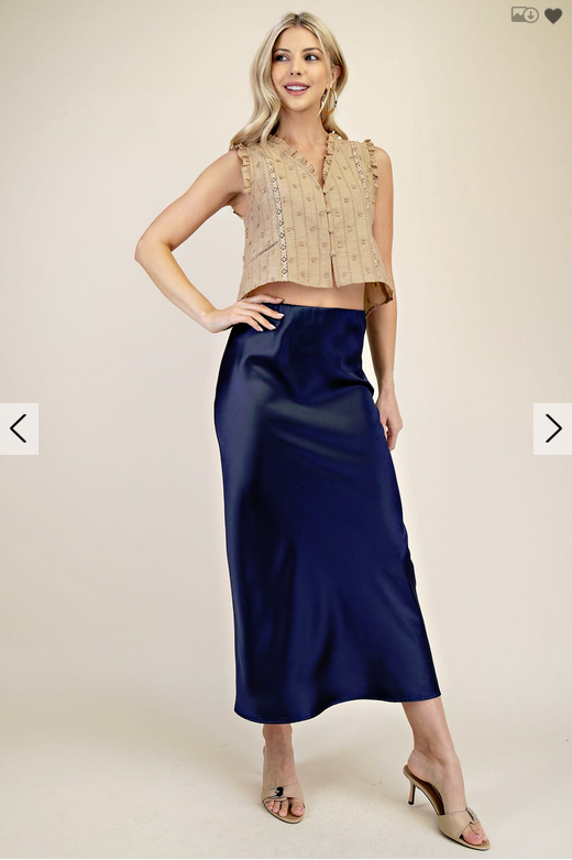 Glam NAVY SATIN MIDI SKIRT