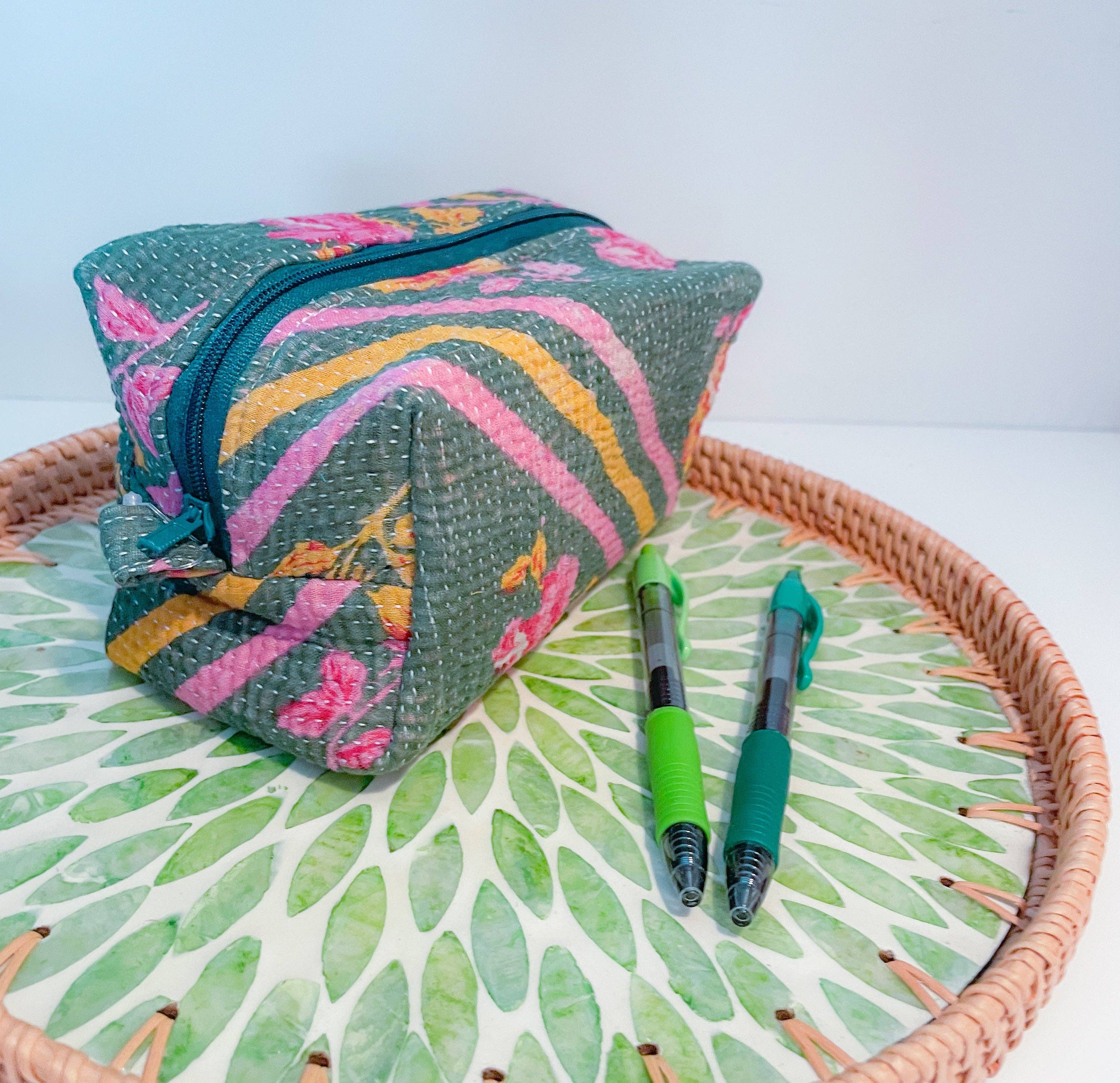 Vintage Kantha Zipper Box Pouch