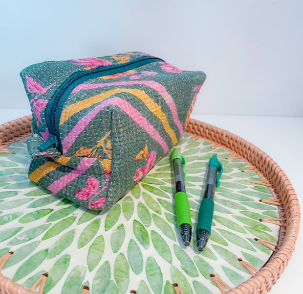 Vintage Kantha Zipper Box Pouch