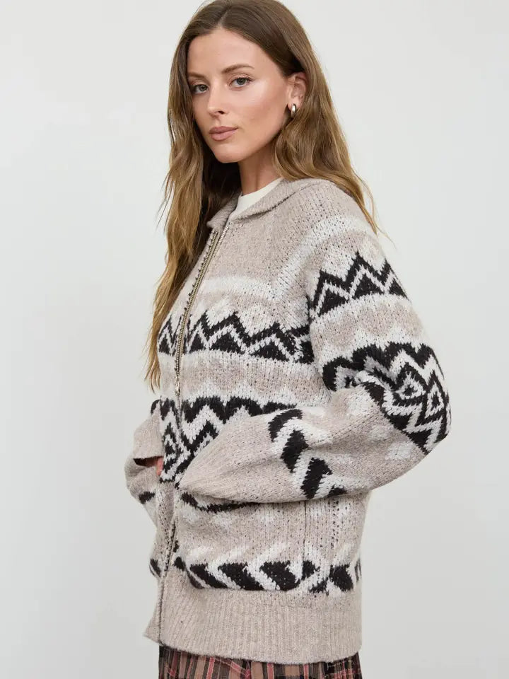 Geometric Fair Isle Zip Up Cardugan Sweater