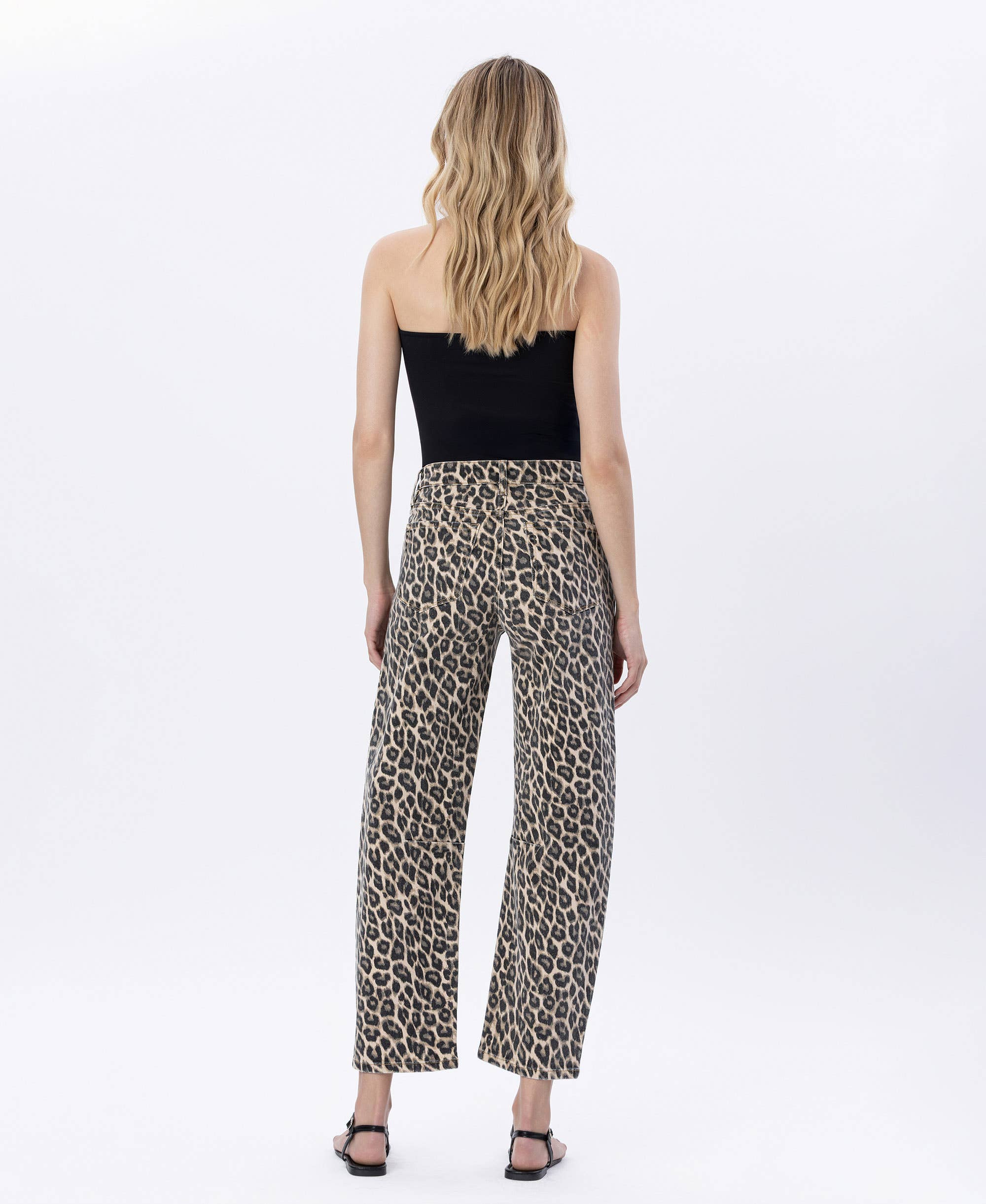 High Rise Barrel Leopard Print Denim