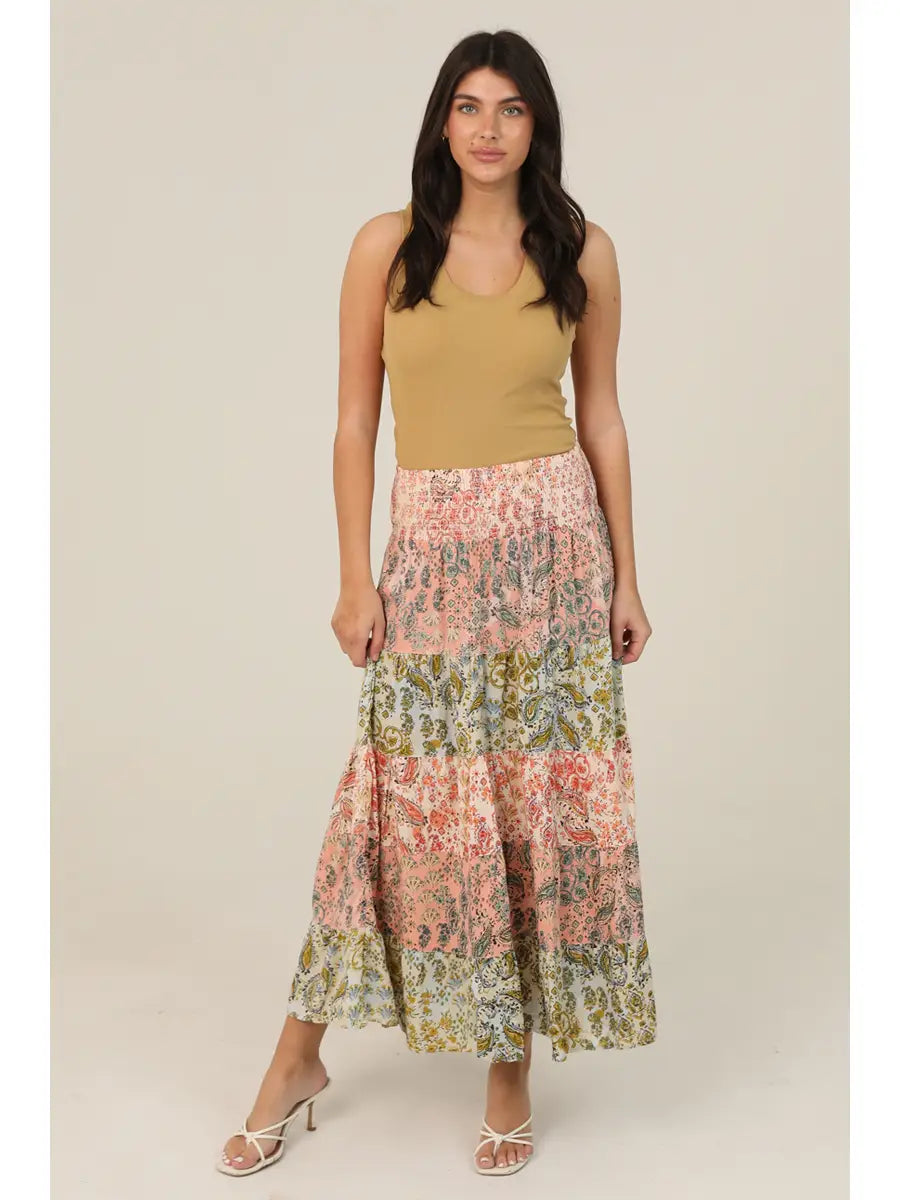 Angie Mix Print Tiered Maxi Skirt with Smocked Waistban