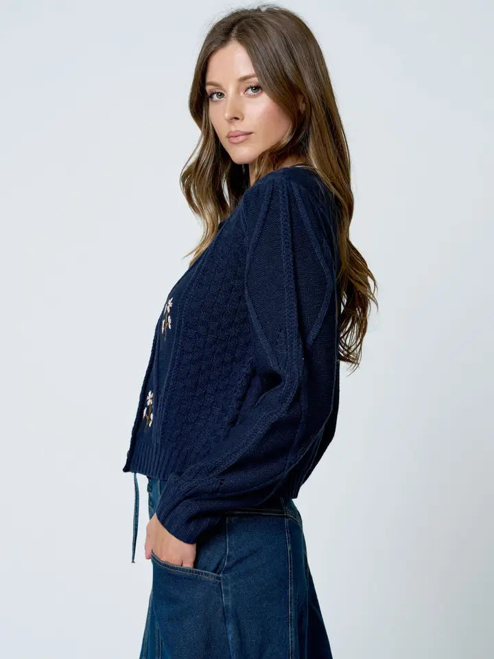 Floral Embroidered Cable Knit Cardigan