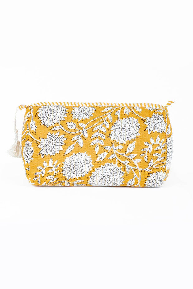 Yellow Floral print Quilted Cotton Toiletry Bag Set