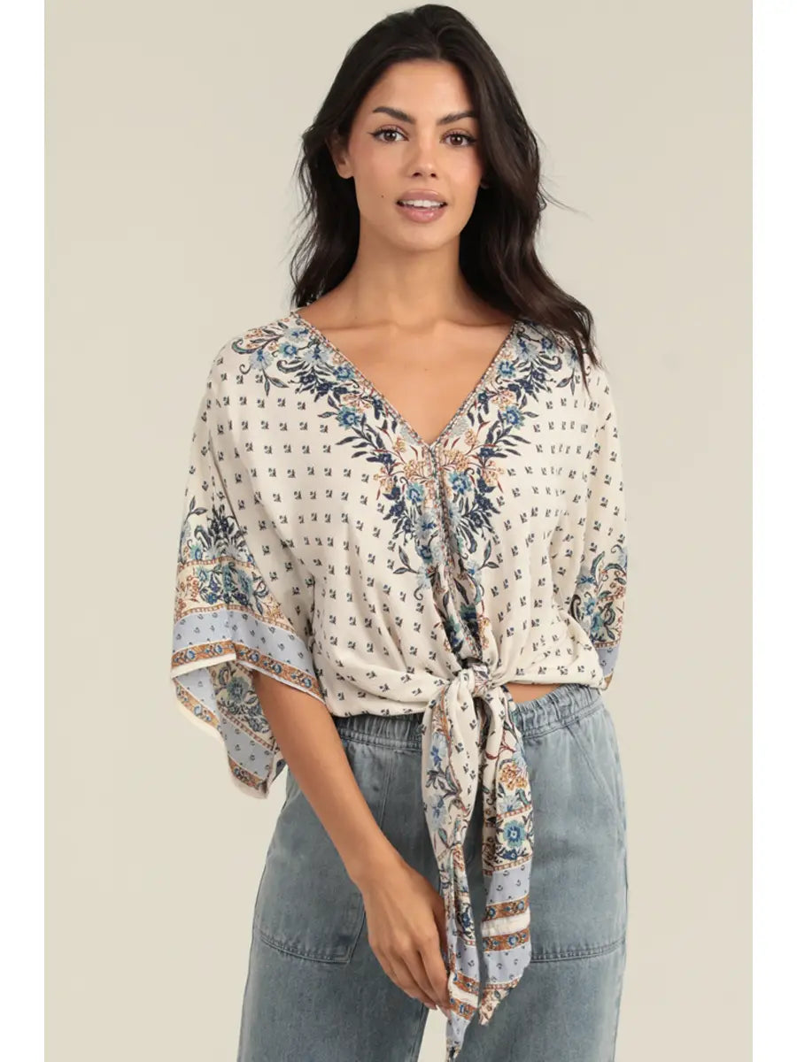 Nostalgia V Neck Tie Waist Kimono Sleeve Top