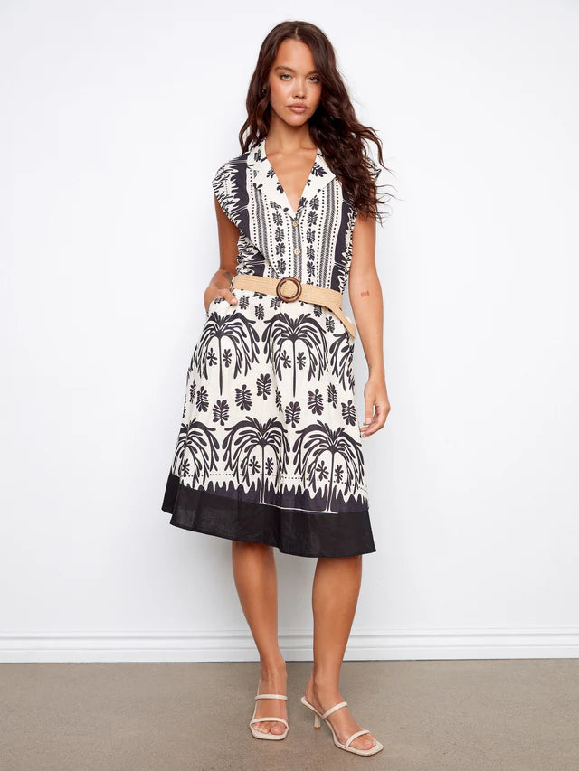 Charlie B Printed Linen Cotton Dress With Straw Belt