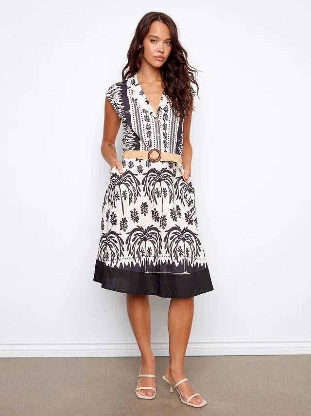 Charlie B Printed Linen Cotton Dress With Straw Belt