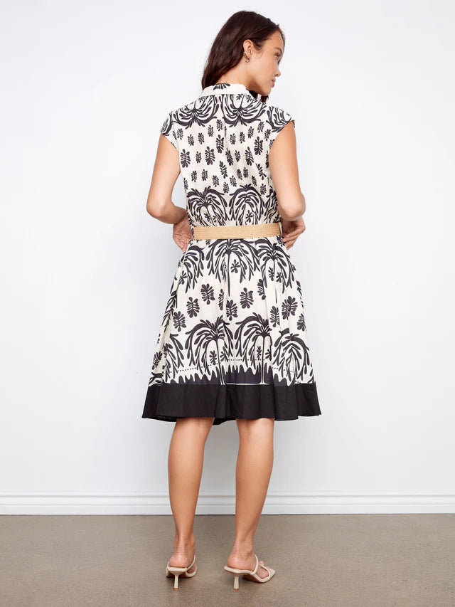 Charlie B Printed Linen Cotton Dress With Straw Belt