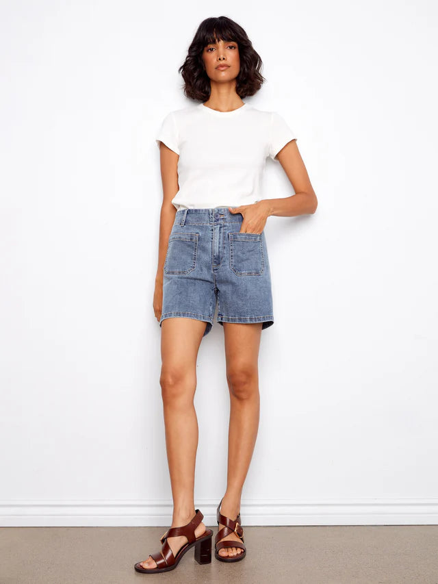 Charlie B Stretch Denim Shorts With Patch Pockets