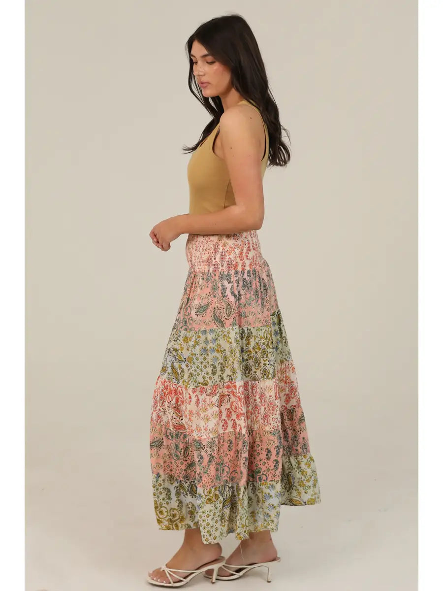 Angie Mix Print Tiered Maxi Skirt with Smocked Waistban
