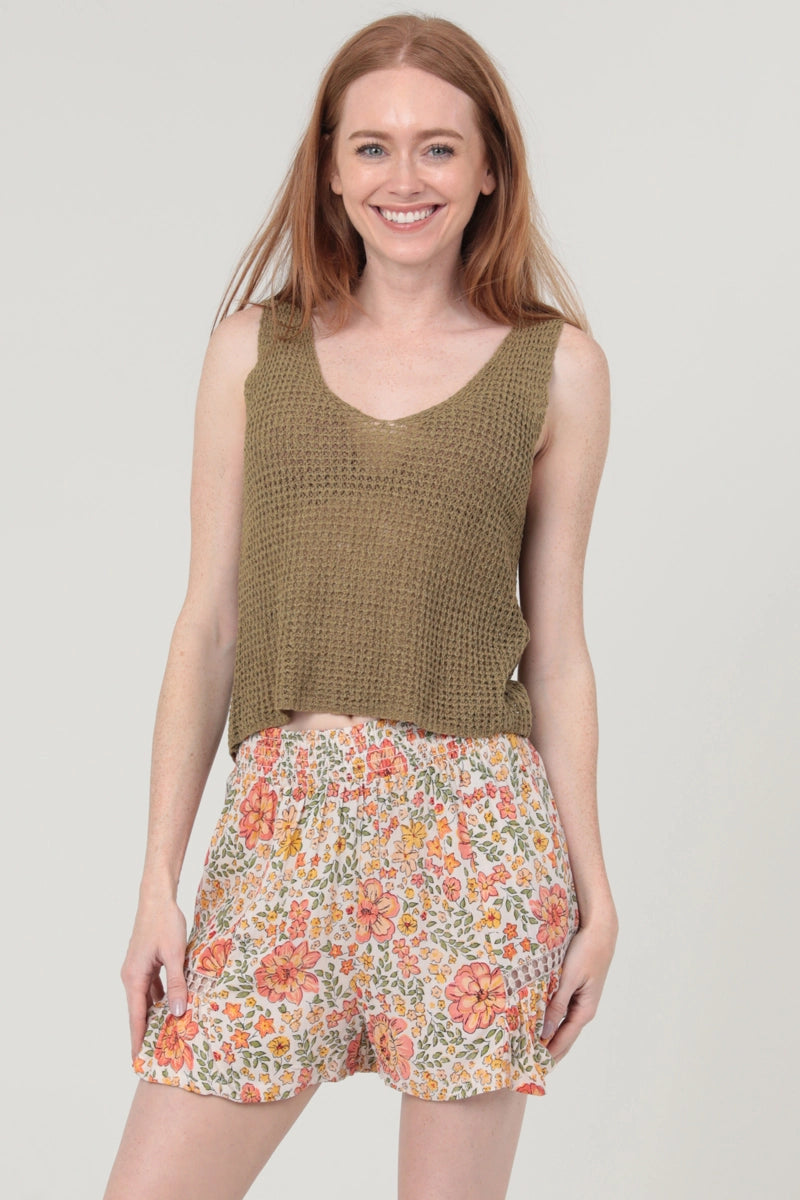Lace Inserts Floral Print Shorts Smocked Waist